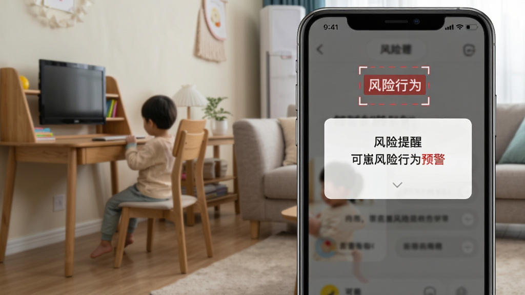 可崽风险行为预警截图,手机端显示“风险提醒”弹窗,背景为客厅场景,孩子远离书桌,AI框选标注“风险行为”,警示色为红色,界面醒目,画质干净