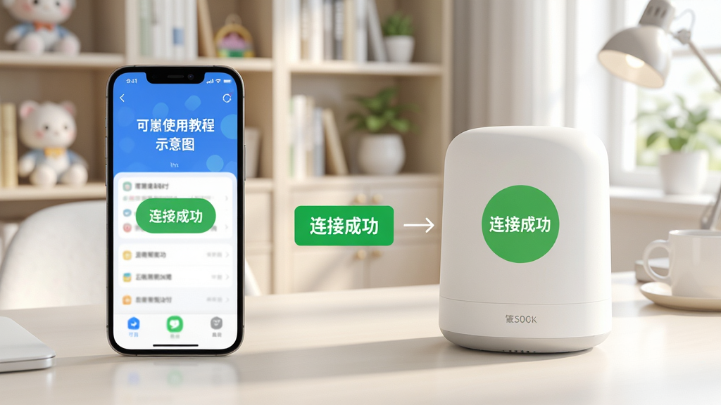 可崽使用教程示意图,展示手机与智能设备配对过程,画面包含手机App界面和桌面设备,标注“连接成功”状态,背景为明亮书房,风格写实清晰,画质干净