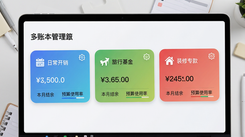 主体:辰禾家庭记账软件的“多账本管理”功能界面,屏幕显示三个不同颜色标签的账本卡片,分别标注“日常开销”“旅行基金”“装修专款”。布局:三个账本卡片横向排列,每个卡片有图标和金额统计,背景为浅灰色工作台。排版:卡片式设计,圆角矩形,每个卡片右上角有设置齿轮图标。风格:清爽商务风,色彩区分明显。细节:卡片底部有“本月结余”“预算使用率”小字。画质:4K高清,干净无多余元素。