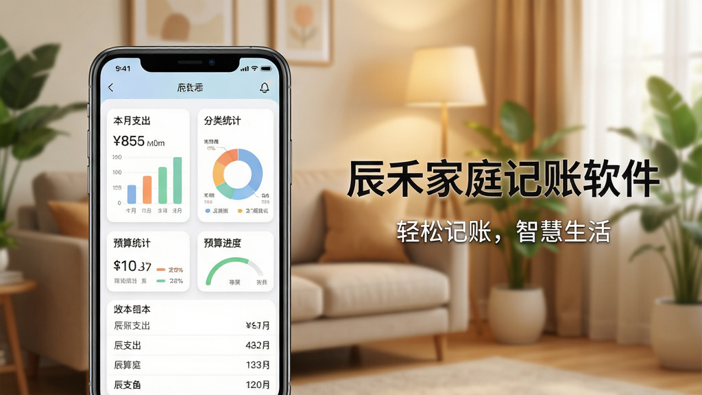主体:辰禾家庭记账软件主界面展示,一部智能手机屏幕显示收支分类图表和账本列表,背景是温馨的家庭客厅场景,有沙发、绿植和暖色灯光。布局:手机居中偏左,右侧留白放置软件名称文字“辰禾家庭记账软件”,下方有“轻松记账,智慧生活”标语。排版:简洁现代,界面卡片式设计,图表色彩柔和。风格:扁平化结合轻微拟物,整体明亮温暖。细节:界面显示“本月支出”“分类统计”“预算进度”等模块,数字清晰。画质:高清渲染,干净无多余元素。