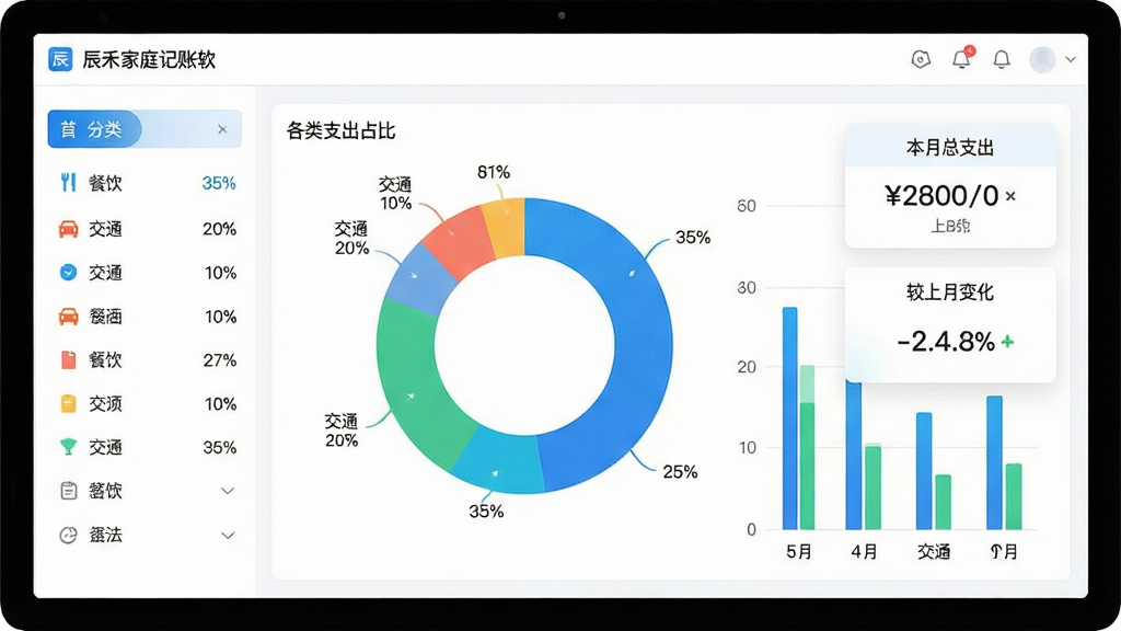主体:辰禾家庭记账软件的统计报表界面,屏幕中央显示彩色环形图和柱状图,展示各类别支出占比,左侧有分类列表。布局:图表占屏幕主体,右侧浮动显示“本月总支出”“较上月变化”数据卡片。排版:图表线条流畅,数据标签清晰,背景为白色。风格:简约现代,蓝绿主色调。细节:图表上有“餐饮 35%”“交通 20%”等标注。画质:高清,干净无多余元素。