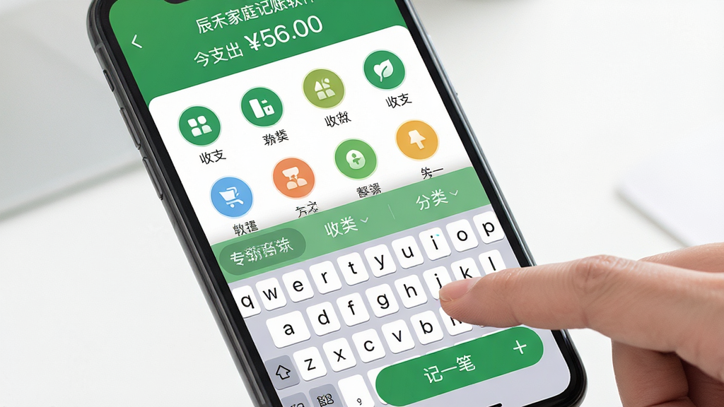 主体:辰禾家庭记账软件在手机上的操作界面,手指点击“记一笔”按钮,页面弹出分类选择键盘。布局:手机竖屏展示,界面下方为键盘,上方显示收支分类图标网格。排版:清晰直观,按钮较大适合触控。风格:清新自然,绿色主调。细节:屏幕上方显示“今日支出 ¥56.00”提醒。画质:高清,干净无多余元素。