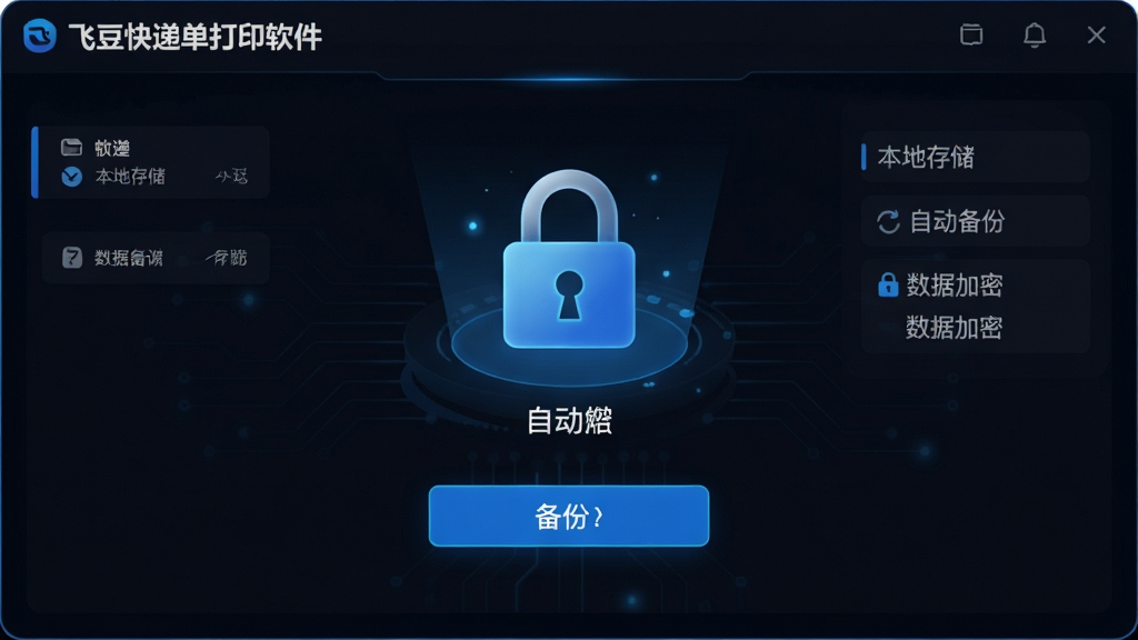 主体:飞豆快递单打印软件的数据安全界面,显示本地存储与备份选项;布局:中心展示加密锁图标与备份按钮;排版:简洁明了;风格:科技感,暗色背景配蓝色光效;细节:显示“本地存储”、“自动备份”、“数据加密”字样;画质:高清晰度,干净无多余元素