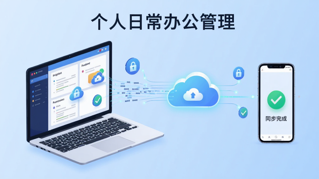 画面主体为“个人日常办公管理”软件的跨设备同步示意图,左侧是笔记本电脑,右侧是智能手机,中间用发光的云朵图标连接。布局采用水平流式排版,背景为浅蓝渐变。风格为科技感插画,细节包含数据流动线条、加密锁图标、同步完成对勾。画质清晰,干净无多余元素。