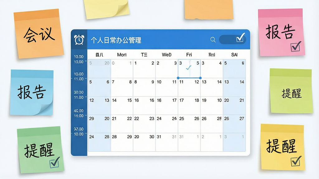 画面主体为“个人日常办公管理”软件的日程规划界面,中央是月视图日历,四周分布着彩色便签纸。布局采用环绕式构图,日历固定在中间,便签纸带有手写字体“会议”“报告”“提醒”。风格为清新商务风,主色调蓝白相间,细节包含时间轴、小闹钟图标、勾选动画。画质细腻,干净无杂物。