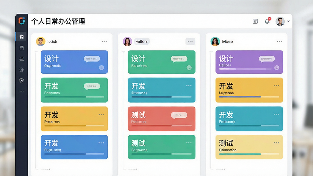 画面主体为“个人日常办公管理”软件的团队看板界面,展示三个竖向列表,每列有不同颜色的任务卡片。布局采用三栏并列式,卡片上印有“设计”“开发”“测试”字样。风格为浅色极简风,细节包含人物头像、评论气泡、进度条。画质高清,干净无杂物。