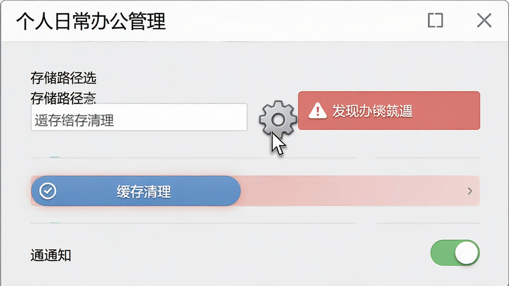 画面主体为“个人日常办公管理”软件的设置界面,展示存储路径选择、缓存清理按钮、通知开关。布局为上下排列,背景为浅白灰。风格为写实截图风格,细节包含鼠标光标、齿轮图标、红色警告框。画质清晰,干净无杂物。