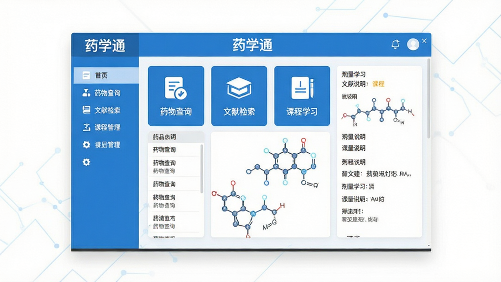 主体:药学通软件界面展示,屏幕上有药物查询、文献检索、课程学习等模块图标;布局:居中展示软件主界面,四周留白,左侧竖向排列功能菜单,右侧为内容展示区;排版:界面整洁,图标排列有序,有“药学通”字样在屏幕顶部;风格:现代扁平化设计,蓝白主色调,科技感;细节:界面中有药品名称列表、分子结构式、剂量说明等元素,文字清晰可读;画质:高清,干净,无多余元素。