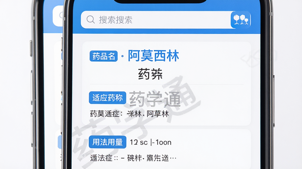 主体:药学通软件在手机上的药物查询结果页面,显示“阿莫西林”详细信息;布局:手机居中,屏幕内容放大展示,药品信息分条列出;排版:信息卡片式排列,有药品名称、适应症、用法用量标签;风格:清新简洁,蓝色高亮关键词;细节:页面顶部有搜索框,药品名下方有“药学通”水印,文字清晰;画质:高清,干净,无多余元素。