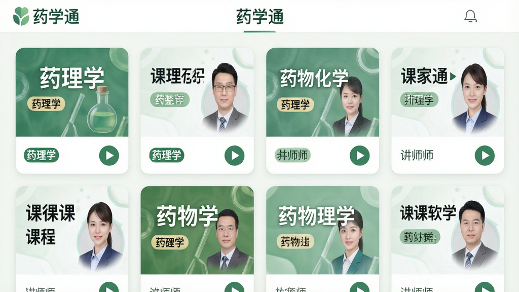 主体:药学通软件在线课程列表界面,展示多个药学课程封面;布局:网格状排列课程卡片,每个卡片有课程名称和讲师头像;排版:卡片式布局,色彩柔和,有“药学通”字样在顶部导航栏;风格:教育平台风格,绿色和白色调;细节:课程卡片上有“药理学”“药物化学”等标签,播放按钮清晰;画质:高清,干净,无多余元素。