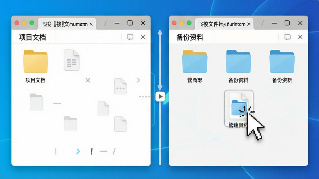 展示“飞梭文件管理”双窗口界面,左右两个独立文件窗口并排,左侧窗口显示“项目文档”文件夹,右侧窗口显示“备份资料”文件夹,中间有一条可拖拽的分隔线,鼠标正拖拽一个文件图标到右侧窗口,窗口顶部标签页显示路径,界面色彩明亮,图标清晰,画质干净,突出高效便捷的体验。