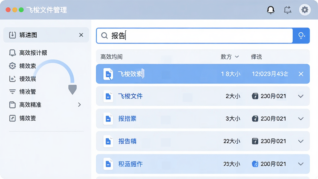 显示“飞梭文件管理”搜索功能界面,搜索框输入“报告”,下方以列表形式展示多个匹配文件,包含文件名、大小、修改日期,左侧有筛选条件面板,整体界面简洁明亮,搜索速度快,视觉上给人高效精准的感觉。