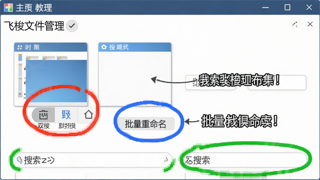 一个教学风格的电脑截图,显示“飞梭文件管理”主界面,用红色圆圈标注双窗口按钮,用蓝色圆圈标注批量重命名按钮,用绿色圆圈标注搜索框,旁边有文字说明,整体风格简洁明了,画质清晰,适合新手学习。
