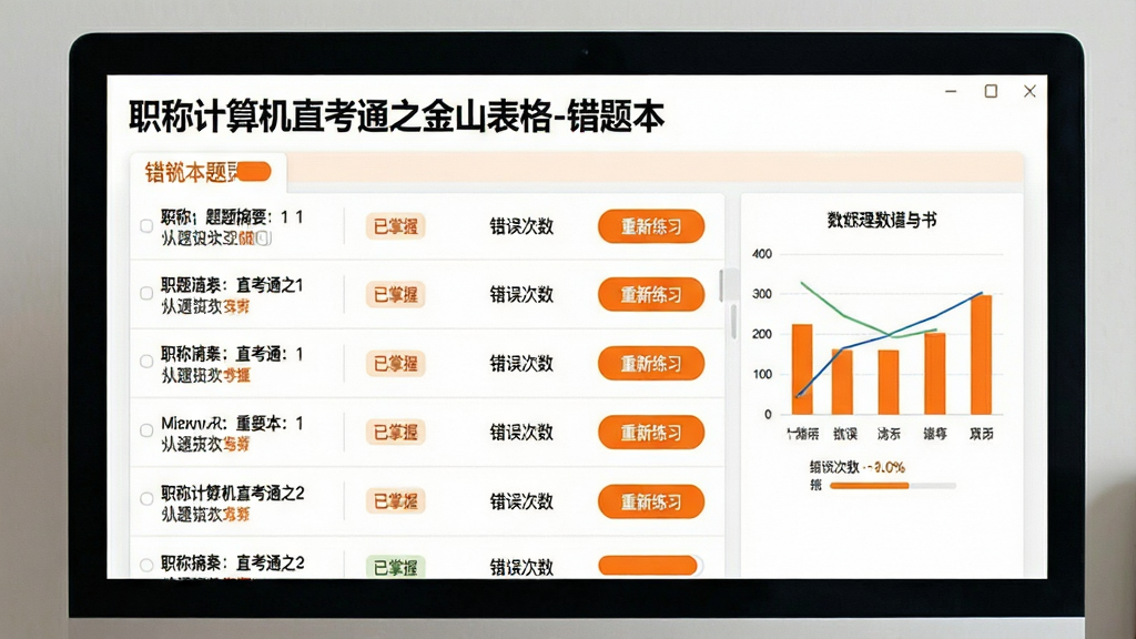 画面主体为电脑屏幕中的错题本界面,标题为“职称计算机直考通之金山表格-错题本”,界面以列表形式展示错题,每行包含题目摘要、错误次数和“重新练习”按钮。布局为简洁的列表样式,右侧有统计图表。风格清爽,色彩以白色和橙色为主,细节包括“已掌握”标签和进度条。画质清晰,干净无多余元素。