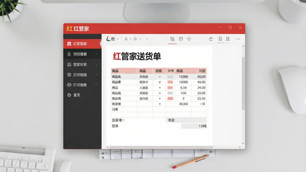 一张现代简约风格的软件界面预览图,画面中央是红管家送货单打印软件的主窗口,左侧为功能导航栏,右侧为送货单编辑区域,单据上清晰显示“红管家送货单”字样及商品表格,背景为浅灰色桌面,整体布局清爽,界面元素排列整齐,画质干净,无多余元素