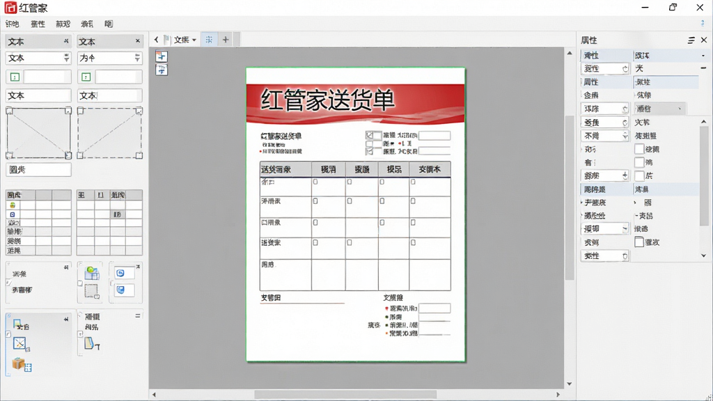 一张红管家送货单打印软件的模板编辑界面截图,画面主体为单据设计器,左侧是各种可拖拽的字段控件,如文本框、图片框、表格等,右侧是属性设置面板,中间画布上展示一张正在编辑的送货单,顶部有“红管家送货单”标题,整体风格专业,界面干净整洁,高清晰度