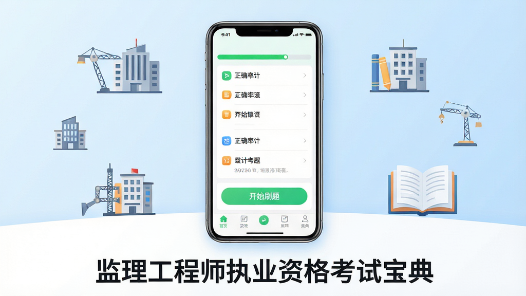 主体:监理工程师执业资格考试宝典软件界面展示,画面中央是一部智能手机,屏幕显示题库列表、正确率统计和“开始刷题”按钮,手机下方有“监理工程师执业资格考试宝典”字样;布局:手机居中,四周留白,背景为浅蓝色渐变,配有一些建筑图标和书本元素;排版:手机屏幕内容清晰可读,界面顶部有绿色进度条,底部有导航栏;风格:现代扁平化,色彩明亮,整体干净专业;细节:屏幕上的文字准确,图标精致,光线柔和;画质:高清,干净,无多余元素。
