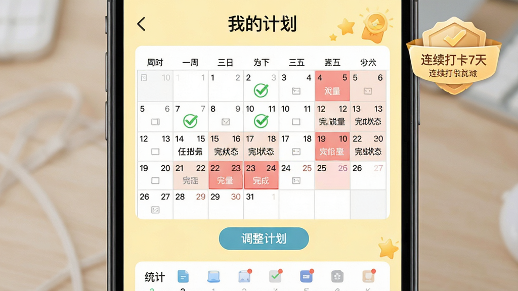 主体:监理工程师执业资格考试宝典的学习计划界面,屏幕上显示一周的日历表格,每天有任务量和完成状态,下方有“调整计划”按钮;布局:手机屏幕居中,背景为淡黄色,顶部有“我的计划”标题,底部有统计栏;排版:日历表格清晰,已完成日期打勾,未完成日期标红;风格:清新简洁,激励风格;细节:屏幕上有“连续打卡7天”的成就徽章;画质:高清,干净,无多余元素。