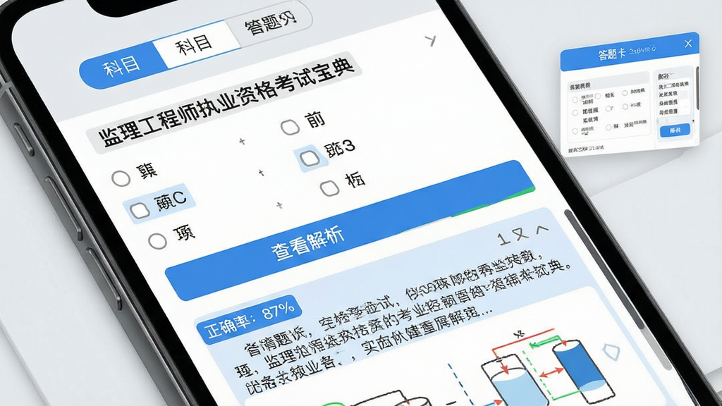 主体:监理工程师执业资格考试宝典的智能题库界面,屏幕上显示一道单选题,下方有“查看解析”按钮,解析区域有文字和图表;布局:手机屏幕特写,背景为浅灰色,上方有科目切换标签,右侧有答题卡小窗;排版:题目文字清晰,选项排列整齐,解析区域有蓝色高亮;风格:简洁实用,教育风格;细节:屏幕上有“正确率:87%”标签,解析文字可滚动;画质:高清,干净,无多余元素。