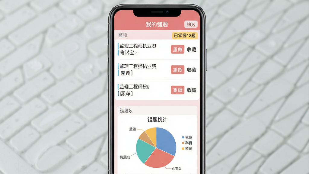 主体:监理工程师执业资格考试宝典的错题本界面,屏幕上显示错题列表,每题有“重做”和“收藏”按钮,底部有“错题统计”图表;布局:手机屏幕居中,背景为浅红色,顶部有“我的错题”标题,右侧有筛选按钮;排版:列表条目清晰,图表为饼状图,显示各科目错题占比;风格:简洁直观,学习风格;细节:屏幕上有“已掌握12题”标签;画质:高清,干净,无多余元素。