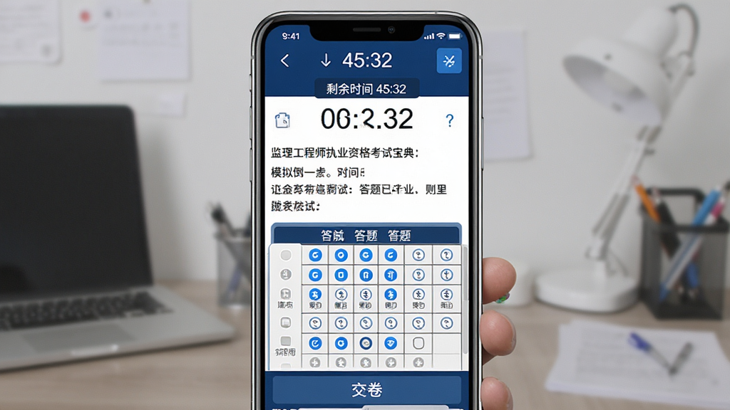 主体:监理工程师执业资格考试宝典的模拟考试界面,屏幕上显示考试倒计时和题目,底部有答题卡,上方有“交卷”按钮;布局:手机屏幕居中,背景为深蓝色,模拟真实考试氛围;排版:题目文字清晰,答题卡为网格状,已答题目标蓝色;风格:严肃专业,考试风格;细节:屏幕上有“剩余时间 45:32”字样;画质:高清,干净,无多余元素。