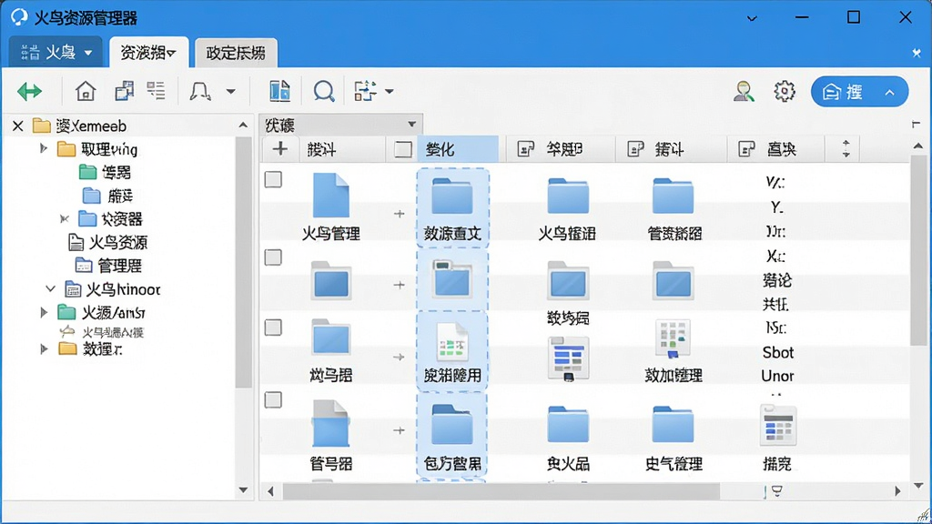 现代化桌面软件界面展示,主体是“火鸟资源管理器”主窗口,采用双栏布局,左侧为树状目录,右侧为文件列表,顶部有标签页和功能按钮,整体风格简洁明快,蓝白配色为主,排版清晰,细节丰富,高分辨率,干净无多余元素