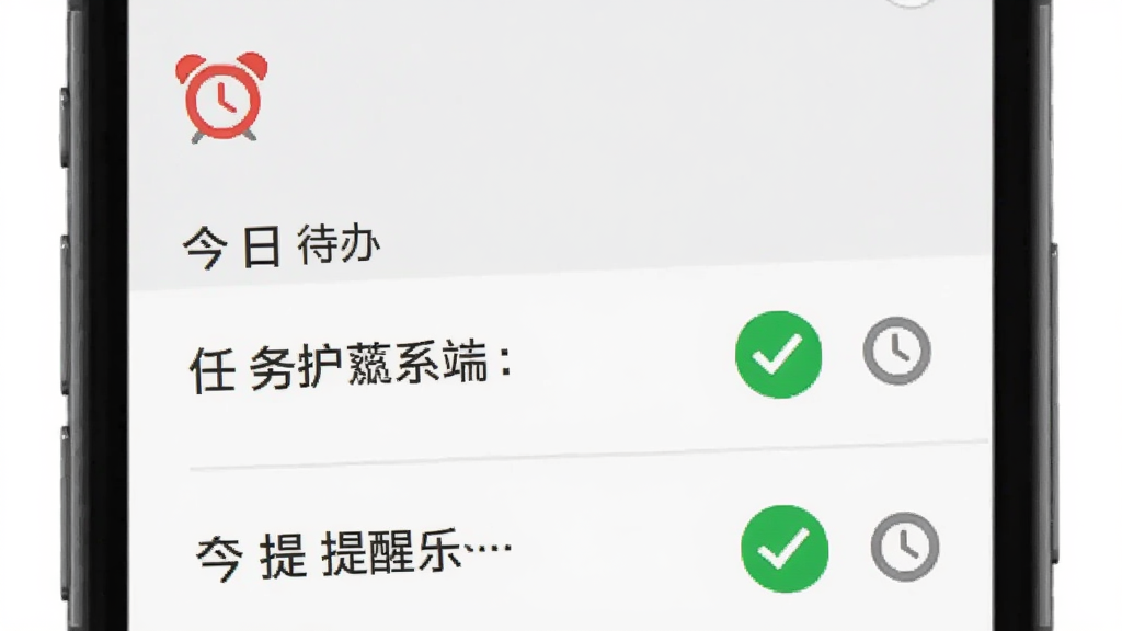 求索客户管理系统手机端任务提醒界面示意图,手机屏幕中显示今日待办列表,顶部有红色闹钟图标,每条任务右侧有绿色对勾和灰色时钟标记,背景为浅灰色,整体风格简洁,突出提醒功能,画质干净,无多余元素