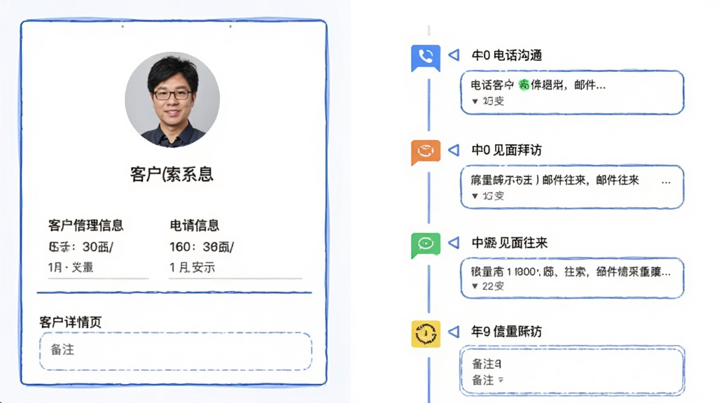 求索客户管理系统的客户详情页界面截图风格图,左侧显示客户头像和基本信息卡片,右侧是纵向时间轴,标注着电话沟通、邮件往来、见面拜访等节点,每个节点配有彩色小图标,下方有备注文本框,整体采用卡片式布局,白底蓝边,风格简洁明快,画质清晰,无多余元素