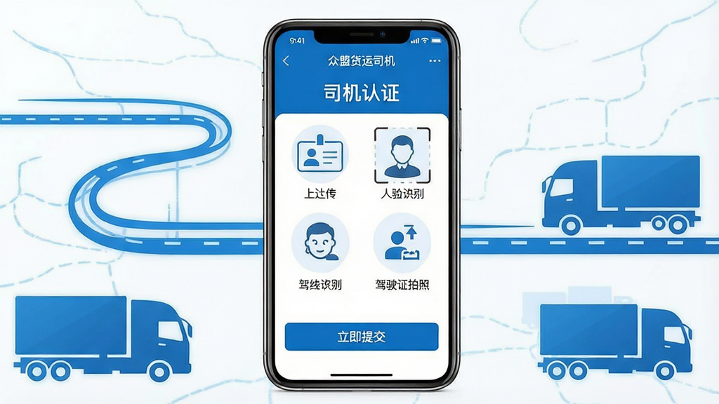 主体:一部智能手机屏幕显示“众盟货运司机”APP的“一键认证”页面,有身份证上传、人脸识别、驾驶证拍照等图标。布局:手机居中,背景为蓝色物流线条与货车剪影。排版:页面顶部“司机认证”标题,中部为资料填写区,底部“立即提交”按钮。风格:简洁商务,蓝白配色。细节:每个图标带简短中文标注,人脸识别框清晰。画质:超清,干净,无多余元素。