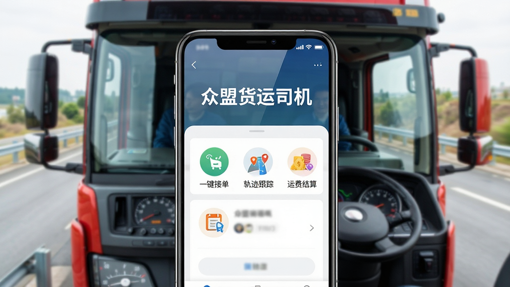 主体:一辆大型货车行驶在高速公路上,驾驶室内手机屏幕显示“众盟货运司机”APP接单界面,画面清晰。布局:手机界面放大居中,车辆背景虚化,突出APP名称与功能按钮。排版:屏幕上方显示“众盟货运司机”字样,下方排列“一键接单”“轨迹跟踪”“运费结算”图标。风格:写实与UI结合,明亮通透。细节:手机屏幕反光自然,货车驾驶室整洁,仪表盘可见。画质:超高清,干净,无多余元素。