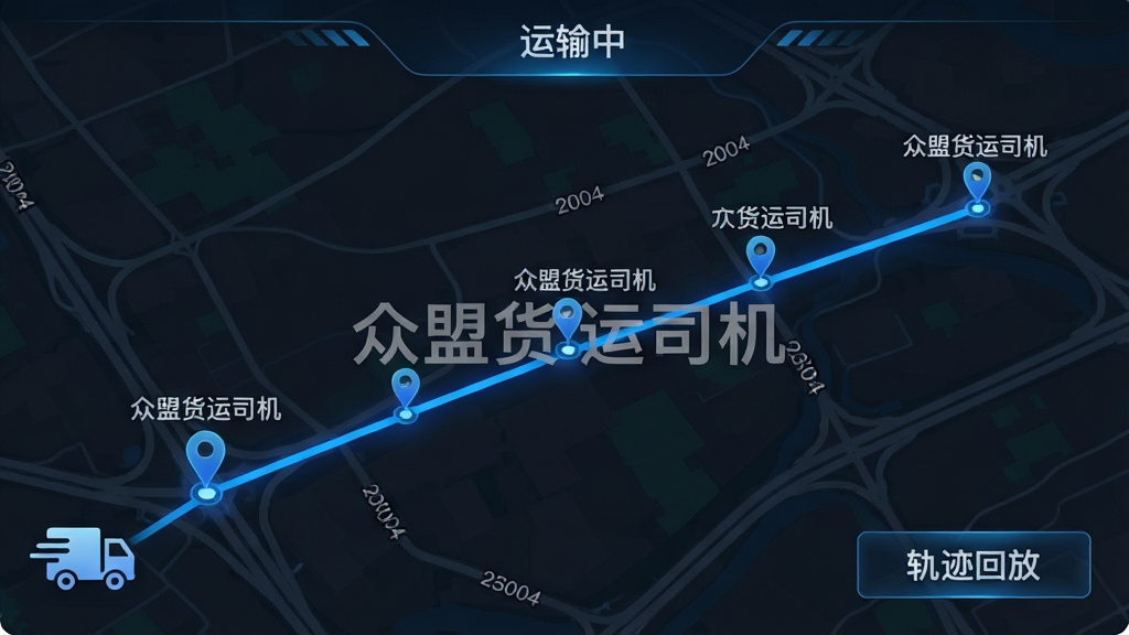 主体:地图界面上显示一条从起点到终点的货车行驶轨迹,轨迹线上有多个定位点,并标注“众盟货运司机”水印。布局:地图占满画面,左下角有货车图标,右下角显示“轨迹回放”按钮。排版:地图上方显示“运输中”状态,轨迹线为蓝色实线。风格:科技感,深色地图背景。细节:轨迹点带有时间戳,道路名称清晰。画质:高清,干净,无多余元素。