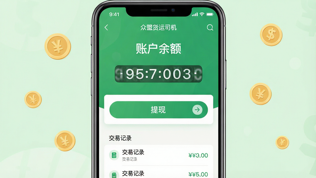 主体:手机屏幕显示“众盟货运司机”APP的“我的钱包”页面,余额数字醒目,下方“提现”按钮和“交易记录”列表。布局:手机居中,背景为淡绿色与钱币符号。排版:顶部“账户余额”大字,中部提现按钮,底部交易明细。风格:清新简洁,绿色主调。细节:余额数字滚动效果,提现按钮带箭头。画质:超清,干净,无多余元素。