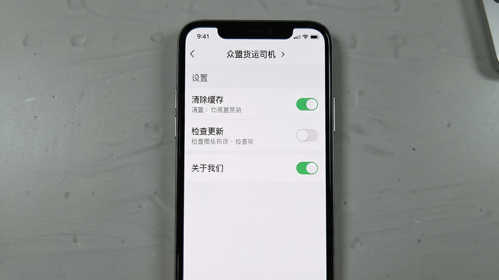 主体:一张手机截图演示“众盟货运司机”APP的“设置”页面,包含“清除缓存”“检查更新”“关于我们”等选项。布局:手机居中,背景为灰色桌面。排版:设置列表从上到下排列,每项右侧有箭头。风格:简约清晰,浅色背景。细节:文字大小适中,开关按钮可见。画质:高清,干净,无多余元素。