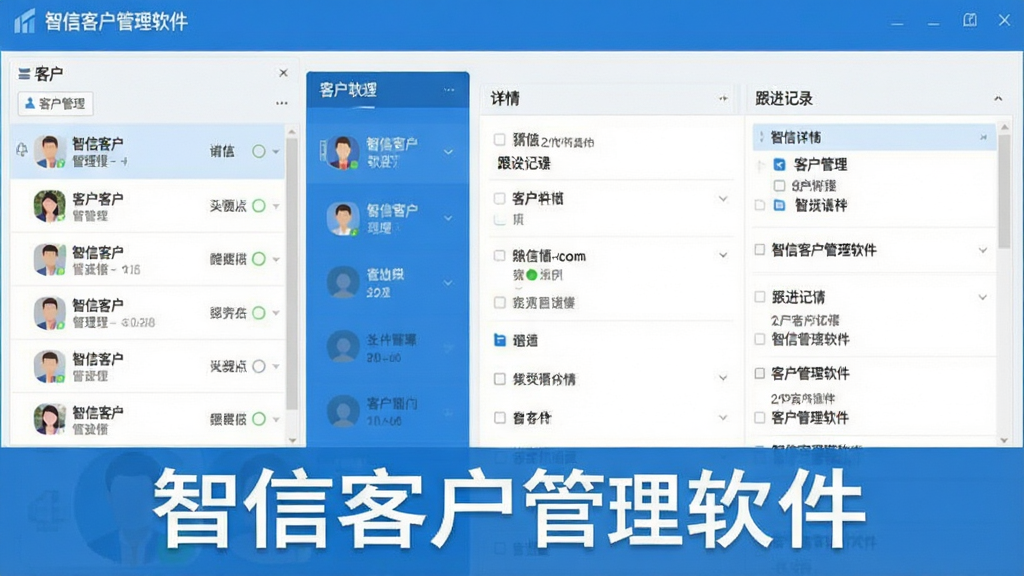 智信客户管理软件界面截图,主体为软件主面板,左侧客户列表,右侧详情与跟进记录,布局清晰,扁平化设计,蓝色主色调,文字标注“智信客户管理软件”,画质干净,无多余元素