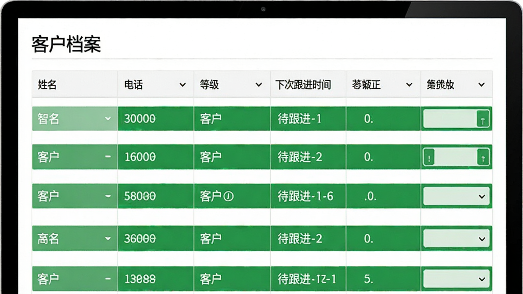 智信客户管理软件客户档案页面,主体为表格形式的客户列表,包含姓名、电话、等级、下次跟进时间等字段,布局整齐,绿色高亮显示待跟进客户,风格简洁,文字标注“客户档案”,画质干净,无多余元素