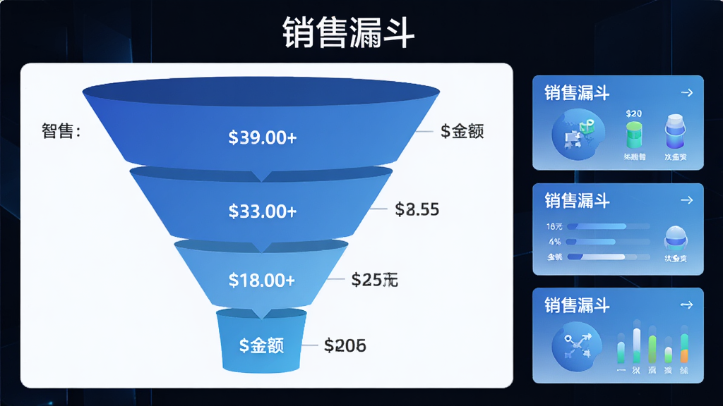 智信客户管理软件销售漏斗图,主体为漏斗形图表,自上而下显示不同阶段及数量、金额,右侧有统计卡片,布局居中,色彩渐变,蓝色系,文字标注“销售漏斗”,画质干净,无多余元素