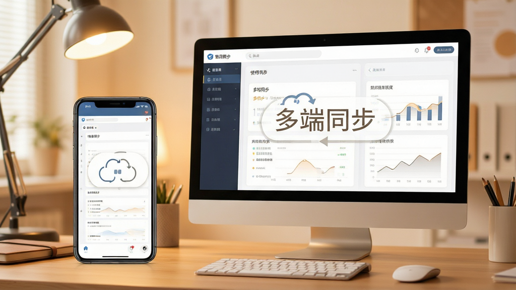 智信客户管理软件使用场景图,主体为手机和电脑并排展示软件界面,背景为办公桌,布局协调,暖色调,文字标注“多端同步”,画质干净,无多余元素