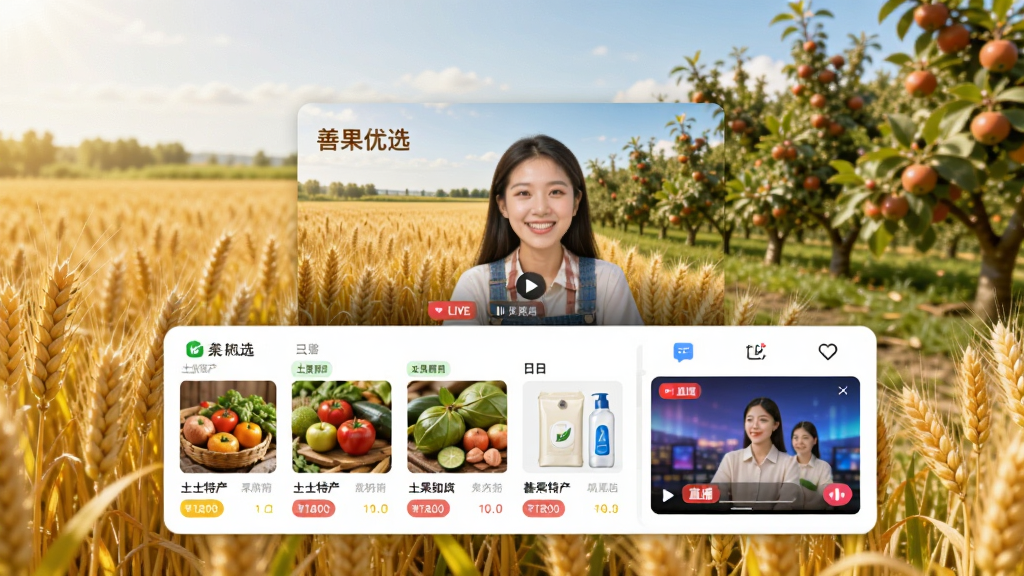 画面主体为“善果优选”APP的虚拟界面悬浮在充满丰收气息的田野上,界面中展示着土特产、日用品和直播窗口,布局为前景APP界面、中景直播画面、背景是金色麦田和果园,排版采用三分法构图,风格写实明亮,细节包含APP图标、商品图片、价格标签,画质高清干净,无多余元素