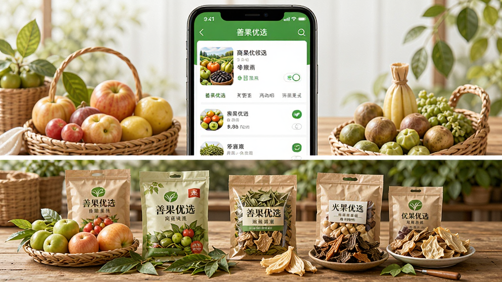主体为“善果优选”APP的商品详情页展示,页面中央是来自不同产地的农副产品摆放在木质桌面上,布局为上方APP界面、下方实物陈列,排版采用左右对称,风格自然清新,细节包括水果、茶叶、干货等,画质干净明亮,无多余元素