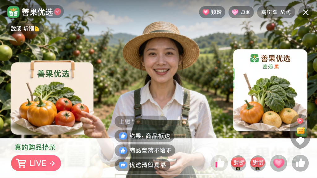 主体为“善果优选”APP的直播界面,主播正在介绍农产品,背景是果园或农田,布局为屏幕中央为主播和商品,下方有购物车和评论弹幕,排版采用中心构图,风格真实亲切,细节包括直播按钮、商品链接、点赞图标,画质清晰流畅,无多余元素