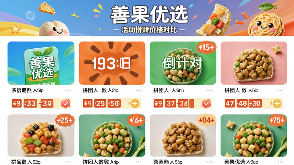 主体为“善果优选”APP的团购活动页面,展示多款商品拼团价格对比,布局为上方活动横幅、下方商品列表,排版采用网格布局,风格活泼热情,细节包括倒计时、拼团人数、折扣标签,画质鲜艳清晰,无多余元素