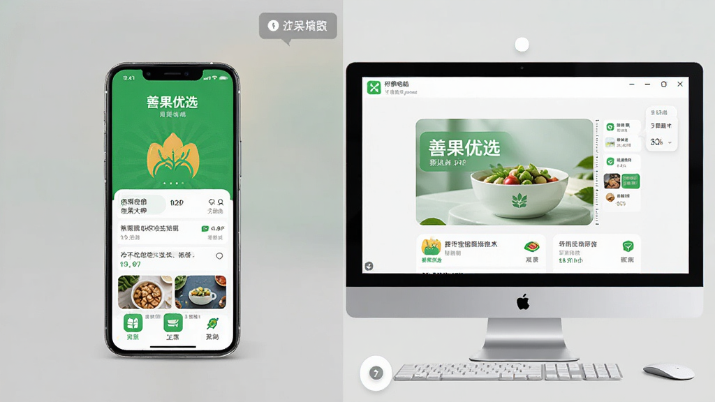 主体为“善果优选”APP在手机和电脑模拟器上运行的效果对比图,布局为左手机右电脑,排版为左右分割,风格科技简洁,细节包括APP界面、模拟器窗口、操作提示,画质清晰干净,无多余元素