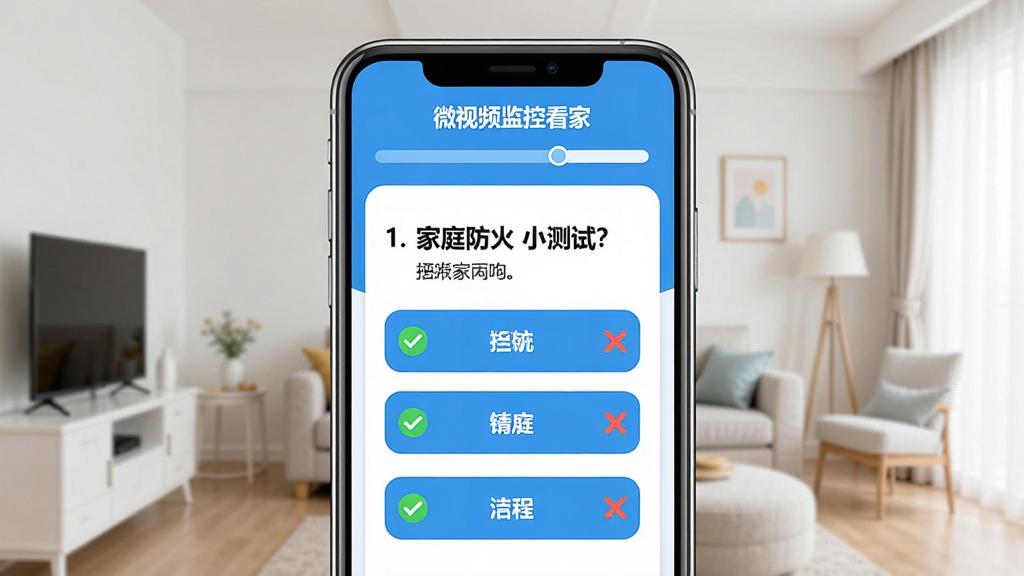 一张“微视频监控看家”家庭安全自测功能的界面截图,画面显示手机屏幕上有一个答题界面,题目是关于家庭防火的小测试,下方有四个选项按钮,界面顶部有进度条。整体布局居中,风格清新明快,色彩以蓝色和白色为主,细节有绿色对勾和红色叉号图标,画质高清无多余元素。