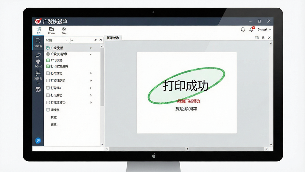 主体:电脑屏幕显示广发快递单打印软件操作界面,布局:左侧列表,右侧预览,排版:清晰,风格:科技感,细节:屏幕上显示“打印成功”提示,画质:高清,干净,无多余元素