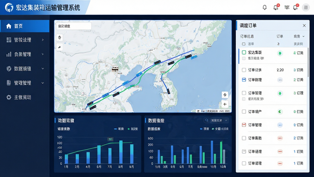 主体:宏达集装箱运输管理系统的主界面,显示调度大屏与数据图表。布局:左侧为功能导航栏,右侧为地图追踪与订单列表。排版:界面整洁,信息层级分明,图表清晰。风格:现代商务科技感,蓝白主色调。细节:屏幕上显示“宏达集装箱运输管理系统”字样,地图上有车辆轨迹线条。画质:4K高清,干净,无多余元素。