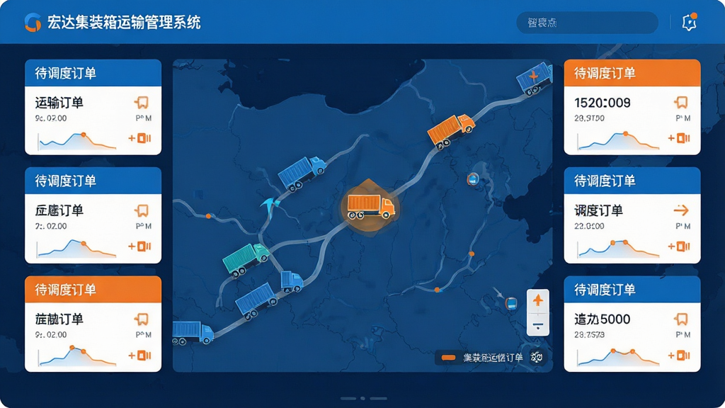 主体:宏达集装箱运输管理系统的智能调度界面,显示地图与车辆图标。布局:中央为实时地图,周围是待调度订单卡片。排版:卡片式设计,信息简洁。风格:扁平化,科技蓝与橙色点缀。细节:地图上有多辆集装箱卡车图标,其中一辆高亮显示正在导航。画质:高清,干净,无多余元素。