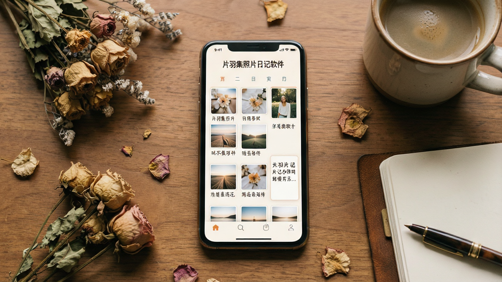 一张温暖治愈风格的照片日记软件主视觉图,主体是一部亮着柔和屏幕的智能手机,屏幕上展示着“片羽集照片日记软件”的界面,以日历形式排列着精美的照片和简短的文字随笔。布局采用居中构图,手机放置于木质桌面上,周围散落着干花、咖啡杯和复古笔记本。排版简洁大方,界面风格清新文艺。画面风格为日系生活美学,光线柔和自然,细节丰富,画质高清干净,无多余元素。
