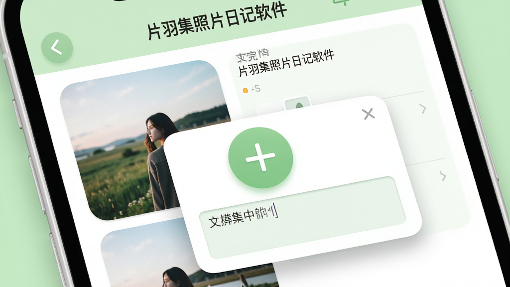 展示“片羽集照片日记软件”每日记录功能的预览图,主体是手机界面的放大特写,界面上有一个醒目的“+”按钮,点击后弹出照片选择框和文字输入区域。布局采用左右分栏,左侧是照片预览,右侧是文字编辑区。界面设计简洁,以白色和浅绿色为主色调。风格为现代扁平化与微拟物结合,细节包括照片的圆角处理和文字的阴影效果。画质清晰明亮,干净无多余元素。