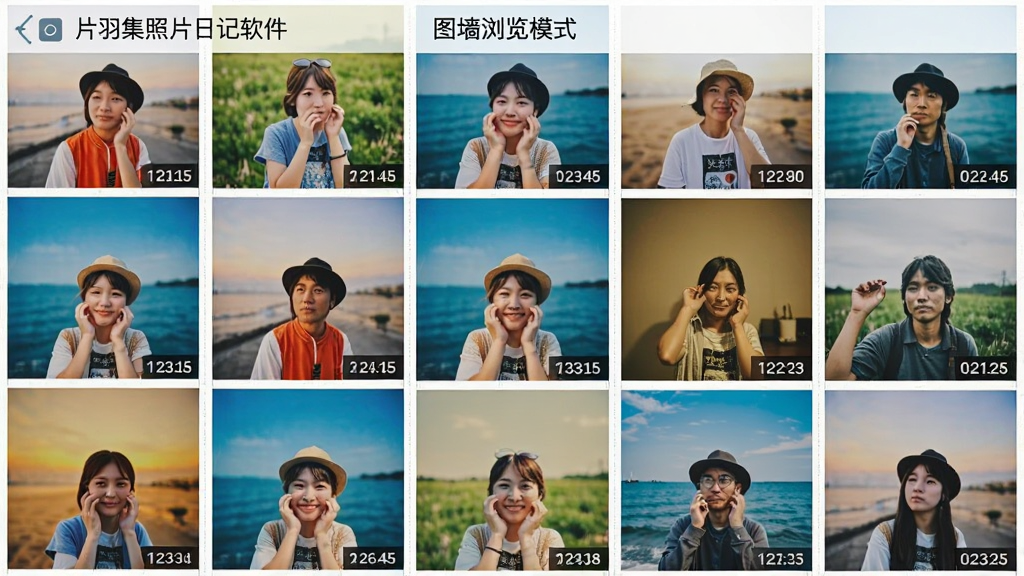 展示“片羽集照片日记软件”图墙浏览模式的界面截图,主体是手机屏幕,屏幕上以网格状密集排列着各种生活照片,色彩斑斓。布局采用九宫格形式,每张照片大小一致,整齐划一。风格为清爽的极简主义,照片之间留有细腻的白色间距。细节上,每张照片右下角有一个微小的日期角标。画质清晰,色彩鲜艳,干净无多余元素。