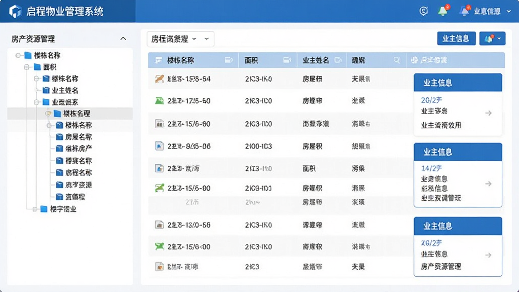 图片主体为启程物业管理系统“房产资源管理”界面,左侧是楼宇树形结构,右侧展示房屋列表与业主信息卡片,界面采用蓝白配色,布局清晰,排版整齐,风格专业商务,细节包括楼栋名称、面积、业主姓名等文字,画质清晰干净,无多余元素